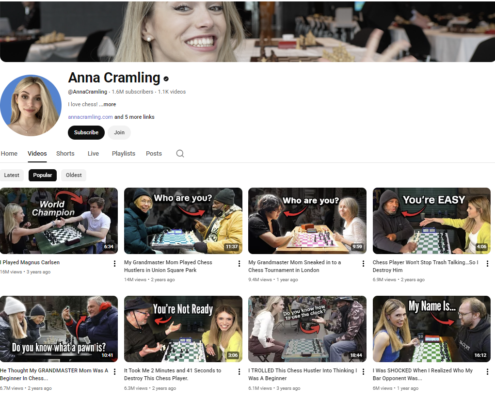 Anna Cramling English Channel - 1.6M subscribers